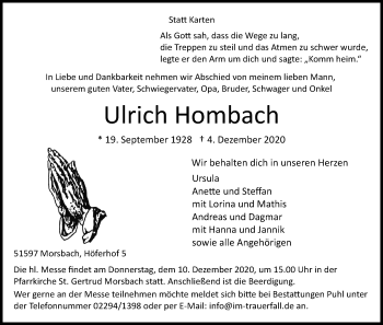 Anzeige von Ulrich Hornbach von Kölner Stadt-Anzeiger / Kölnische Rundschau / Express