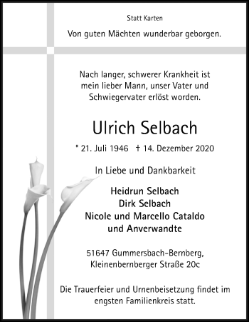 Anzeige von Ulrich Selbach von Kölner Stadt-Anzeiger / Kölnische Rundschau / Express