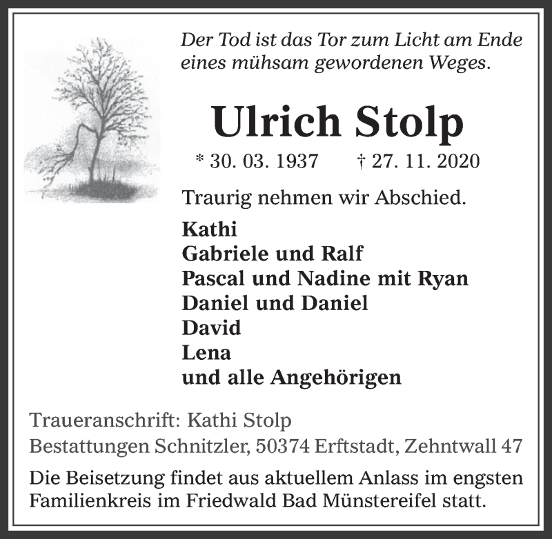  Traueranzeige für Ulrich Stolp vom 04.12.2020 aus  Werbepost 