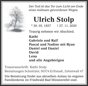 Anzeige von Ulrich Stolp von  Werbepost 