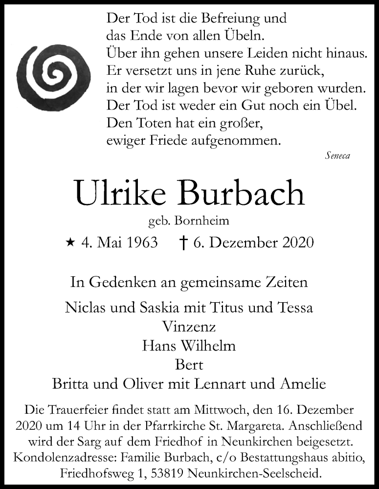  Traueranzeige für Ulrike Burbach vom 12.12.2020 aus Kölner Stadt-Anzeiger / Kölnische Rundschau / Express