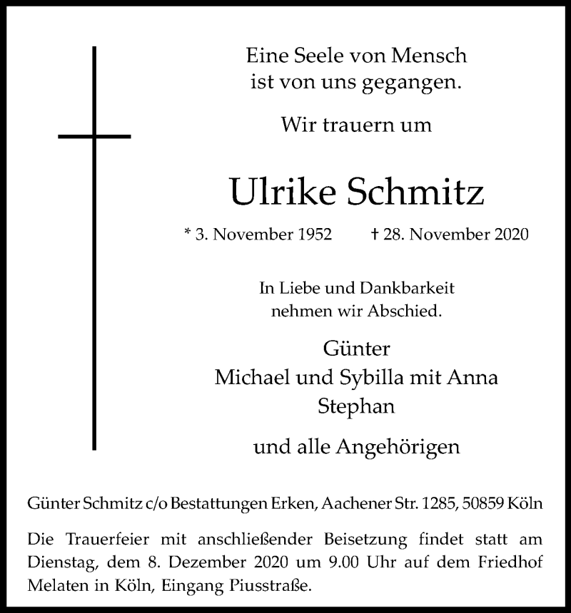  Traueranzeige für Ulrike Schmitz vom 05.12.2020 aus Kölner Stadt-Anzeiger / Kölnische Rundschau / Express