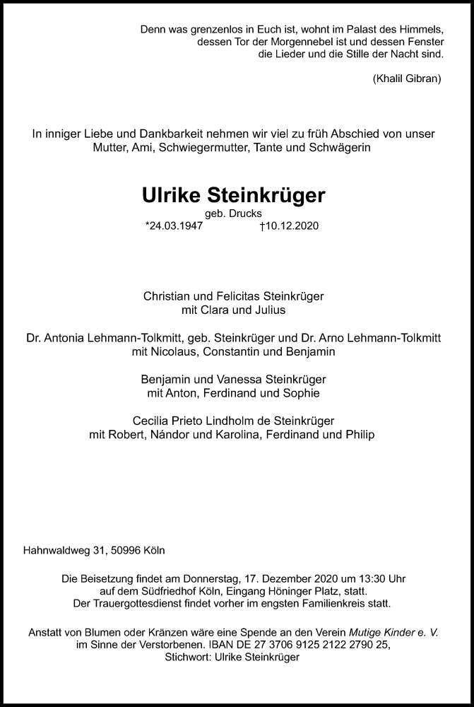  Traueranzeige für Ulrike Steinkrüger vom 12.12.2020 aus Kölner Stadt-Anzeiger / Kölnische Rundschau / Express
