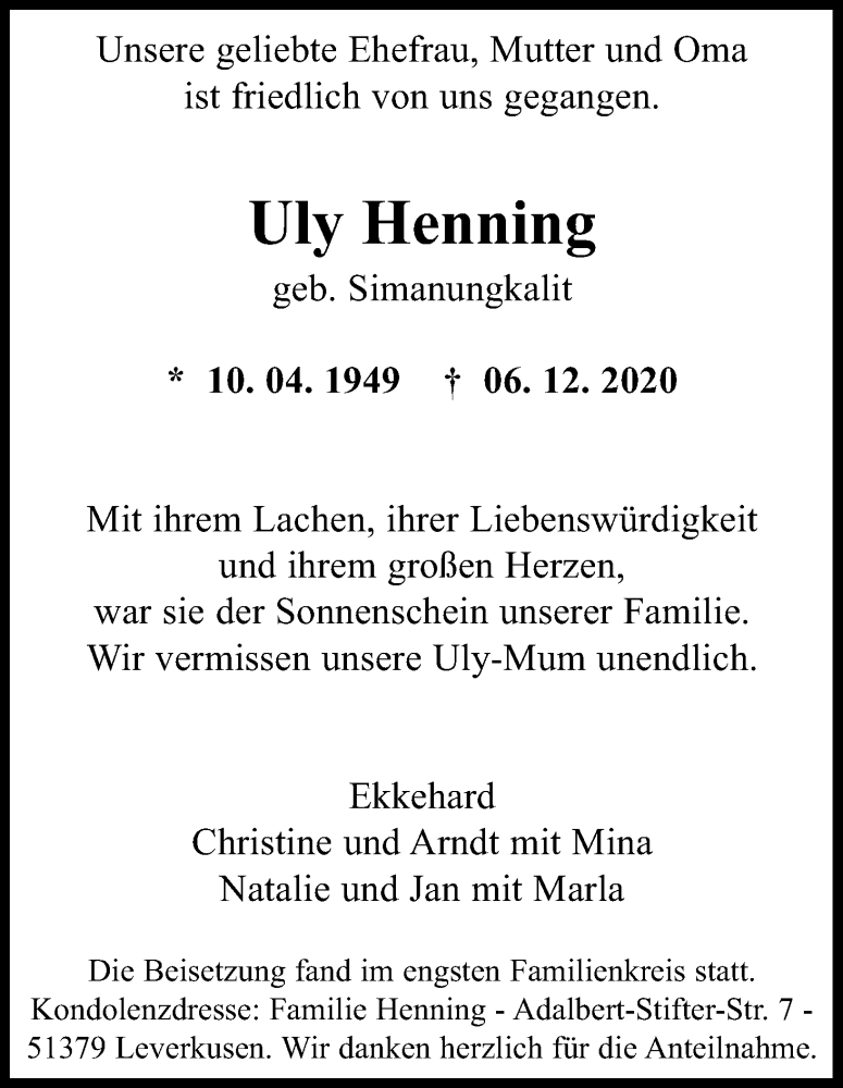  Traueranzeige für Uly Henning vom 19.12.2020 aus Kölner Stadt-Anzeiger / Kölnische Rundschau / Express
