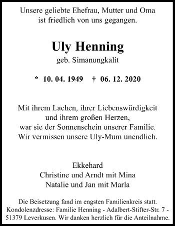 Anzeige von Uly Henning von Kölner Stadt-Anzeiger / Kölnische Rundschau / Express