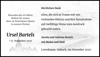 Anzeige von Ursel Bartels von Kölner Stadt-Anzeiger / Kölnische Rundschau / Express