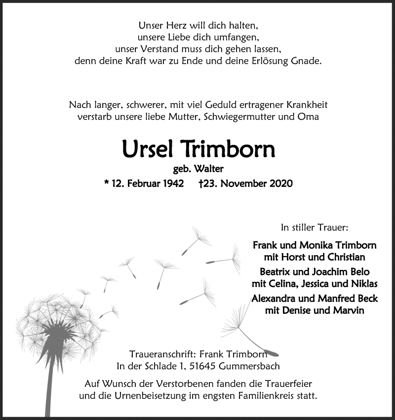  Traueranzeige für Ursel Trimborn vom 05.12.2020 aus Kölner Stadt-Anzeiger / Kölnische Rundschau / Express