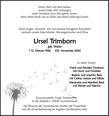 Anzeige von Ursel Trimborn von Kölner Stadt-Anzeiger / Kölnische Rundschau / Express