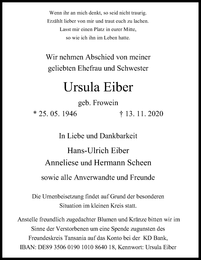  Traueranzeige für Ursula Eiber vom 02.12.2020 aus Kölner Stadt-Anzeiger / Kölnische Rundschau / Express