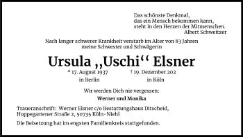 Anzeige von Ursula  Elsner von Kölner Stadt-Anzeiger / Kölnische Rundschau / Express