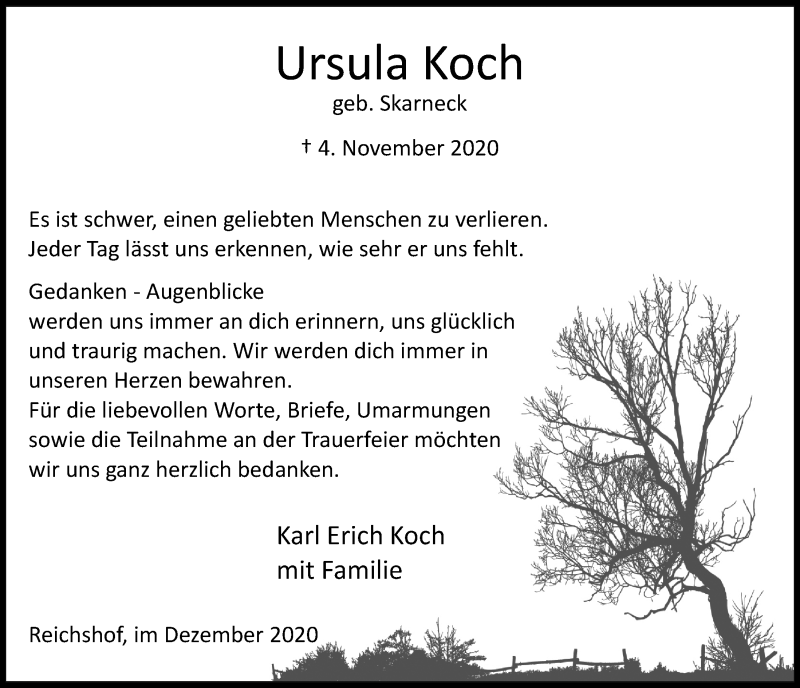  Traueranzeige für Ursula Koch vom 18.12.2020 aus  Anzeigen Echo 