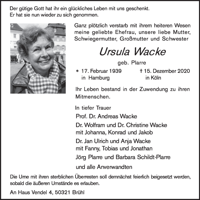  Traueranzeige für Ursula Wacke vom 28.12.2020 aus  Schlossbote/Werbekurier 