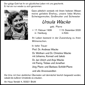 Anzeige von Ursula Wacke von Kölner Stadt-Anzeiger / Kölnische Rundschau / Express