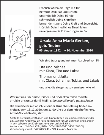 Anzeige von Ursula Anna Maria Gerken von  Kölner Wochenspiegel 