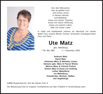Anzeige von Ute Matz von Kölner Stadt-Anzeiger / Kölnische Rundschau / Express