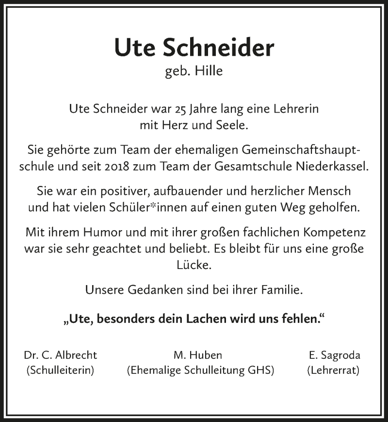  Traueranzeige für Ute Schneider vom 28.12.2020 aus  Extra Blatt 