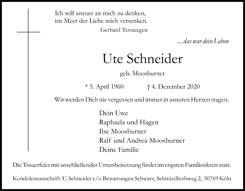  Traueranzeige für Ute Schneider vom 12.12.2020 aus Kölner Stadt-Anzeiger / Kölnische Rundschau / Express