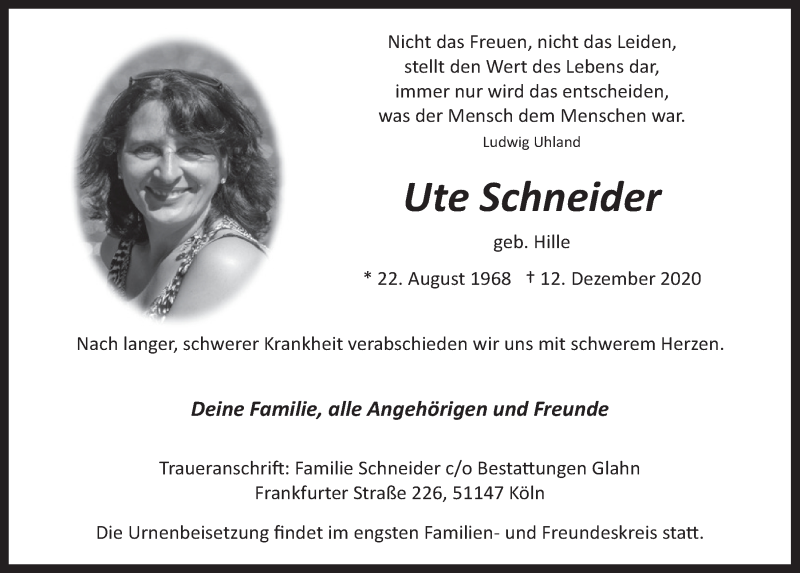  Traueranzeige für Ute Schneider vom 18.12.2020 aus  Kölner Wochenspiegel 
