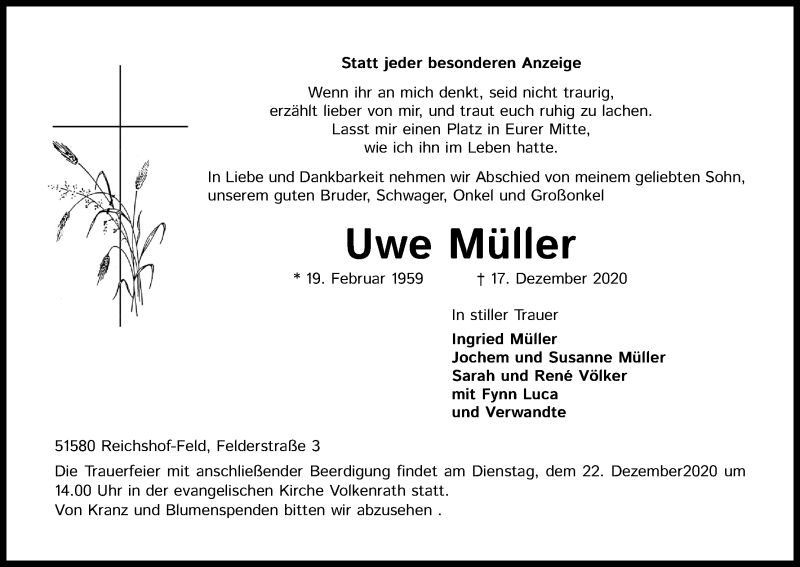  Traueranzeige für Uwe Müller vom 22.12.2020 aus Kölner Stadt-Anzeiger / Kölnische Rundschau / Express