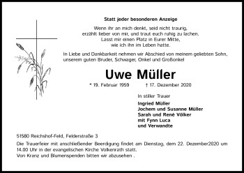 Anzeige von Uwe Müller von Kölner Stadt-Anzeiger / Kölnische Rundschau / Express