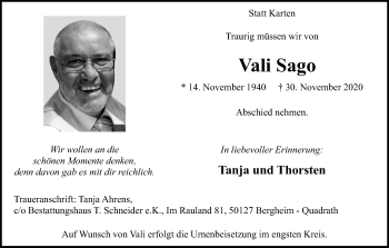 Anzeige von Vali Sago von Kölner Stadt-Anzeiger / Kölnische Rundschau / Express