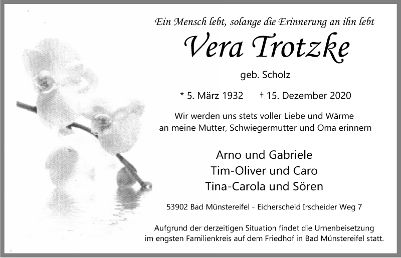  Traueranzeige für Vera Trotzke vom 19.12.2020 aus  Blickpunkt Euskirchen 