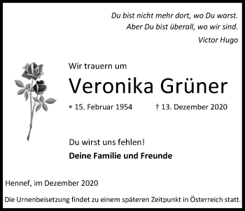 Anzeige von Veronika Grüner von Kölner Stadt-Anzeiger / Kölnische Rundschau / Express