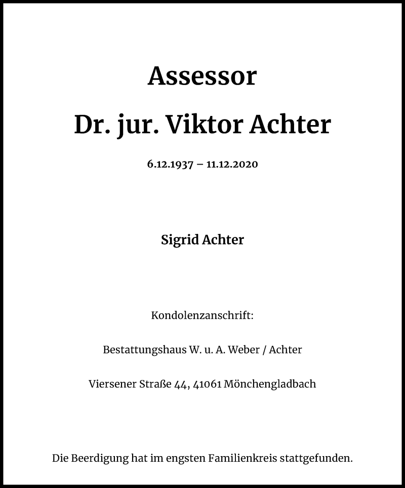  Traueranzeige für Viktor Achter vom 19.12.2020 aus Kölner Stadt-Anzeiger / Kölnische Rundschau / Express