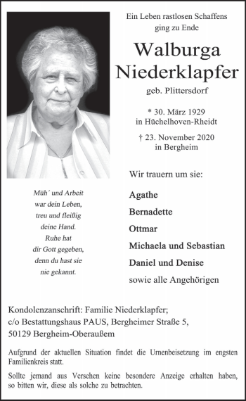 Anzeige von Walburga Niederklapfer von  Werbepost 