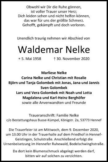 Anzeige von Waldemar Nelke von Kölner Stadt-Anzeiger / Kölnische Rundschau / Express