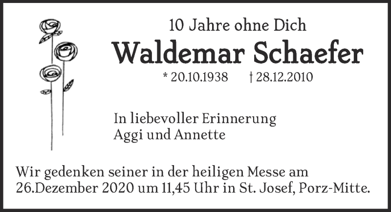  Traueranzeige für Waldemar Schaefer vom 18.12.2020 aus  Kölner Wochenspiegel 
