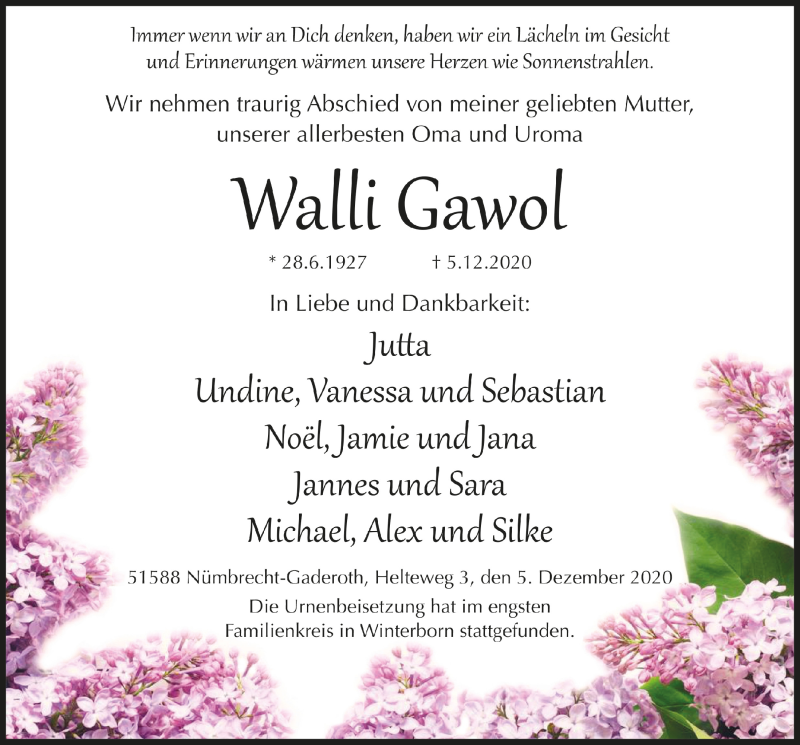  Traueranzeige für Walli Gawol vom 18.12.2020 aus  Lokalanzeiger 