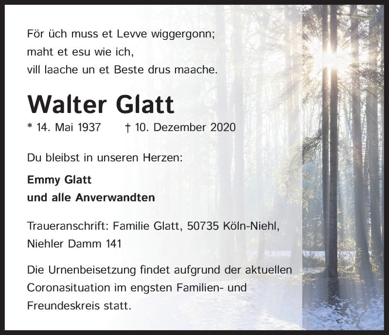  Traueranzeige für Walter Glatt vom 19.12.2020 aus Kölner Stadt-Anzeiger / Kölnische Rundschau / Express