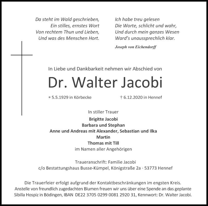  Traueranzeige für Walter Jacobi vom 12.12.2020 aus Kölner Stadt-Anzeiger / Kölnische Rundschau / Express