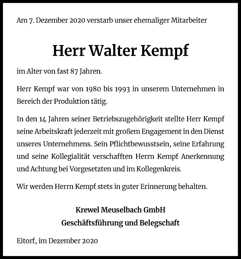  Traueranzeige für Walter Kempf vom 19.12.2020 aus Kölner Stadt-Anzeiger / Kölnische Rundschau / Express