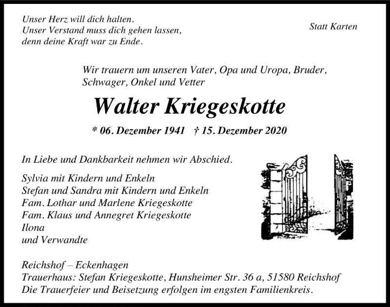  Traueranzeige für Walter Kriegeskotte vom 28.12.2020 aus  Anzeigen Echo 