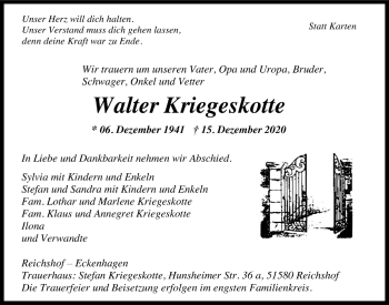 Anzeige von Walter Kriegeskotte von  Anzeigen Echo 