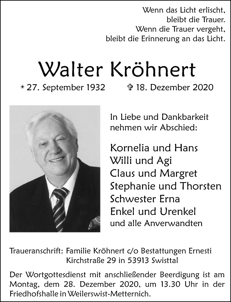  Traueranzeige für Walter Kröhnert vom 26.12.2020 aus  Blickpunkt Euskirchen 