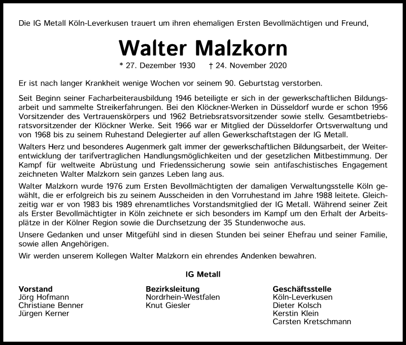  Traueranzeige für Walter Malzkorn vom 12.12.2020 aus Kölner Stadt-Anzeiger / Kölnische Rundschau / Express