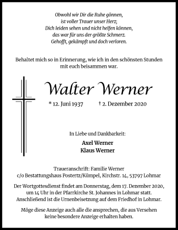 Anzeige von Walter Werner von Kölner Stadt-Anzeiger / Kölnische Rundschau / Express