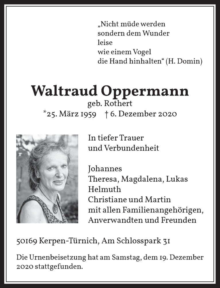  Traueranzeige für Waltraud Oppermann vom 18.12.2020 aus  Werbepost 