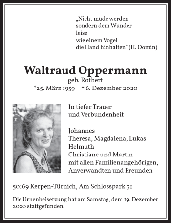 Anzeige von Waltraud Oppermann von  Werbepost 