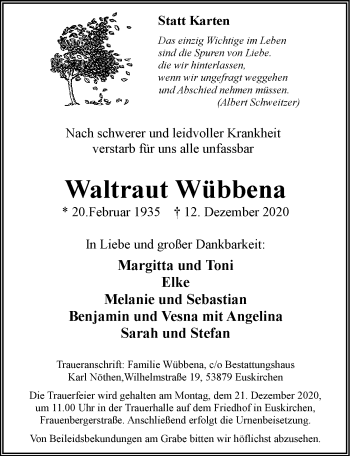 Anzeige von Waltraut Wübbena von  Blickpunkt Euskirchen 