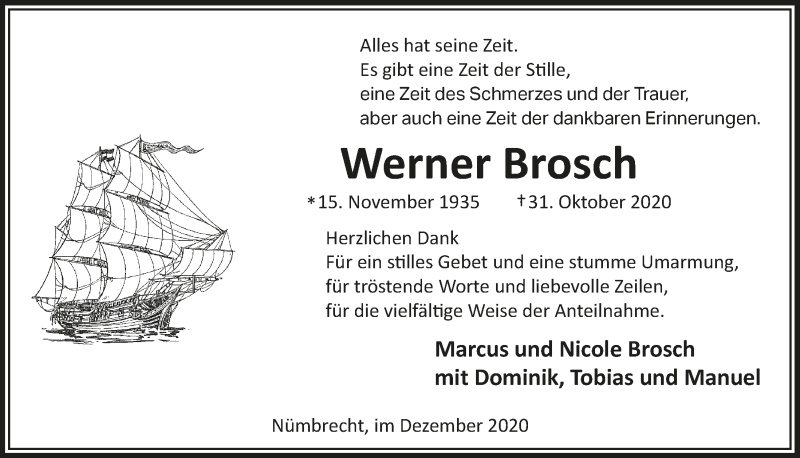  Traueranzeige für Werner Brosch vom 18.12.2020 aus  Anzeigen Echo  Lokalanzeiger 