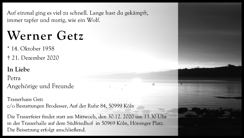  Traueranzeige für Werner Getz vom 28.12.2020 aus Kölner Stadt-Anzeiger / Kölnische Rundschau / Express