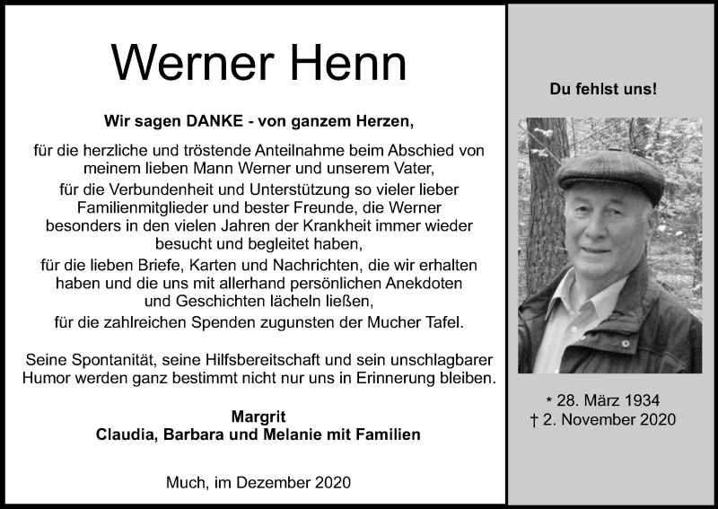  Traueranzeige für Werner Henn vom 12.12.2020 aus Kölner Stadt-Anzeiger / Kölnische Rundschau / Express