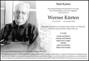 Anzeige von Werner Kürten von Kölner Stadt-Anzeiger / Kölnische Rundschau / Express