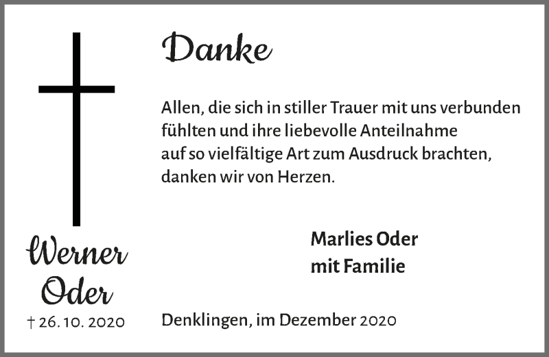  Traueranzeige für Werner Oder vom 18.12.2020 aus  Lokalanzeiger 
