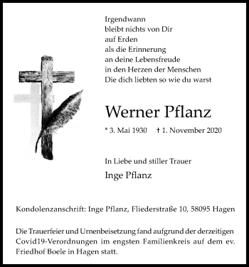 Anzeige von Werner Pflanz von Kölner Stadt-Anzeiger / Kölnische Rundschau / Express