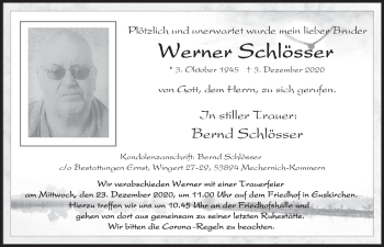 Anzeige von Werner Schlösser von  Blickpunkt Euskirchen 